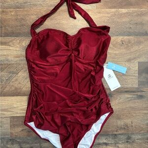 ♥️Shiny Satin Red One Piece Swimsuit with Ruched Bodice
